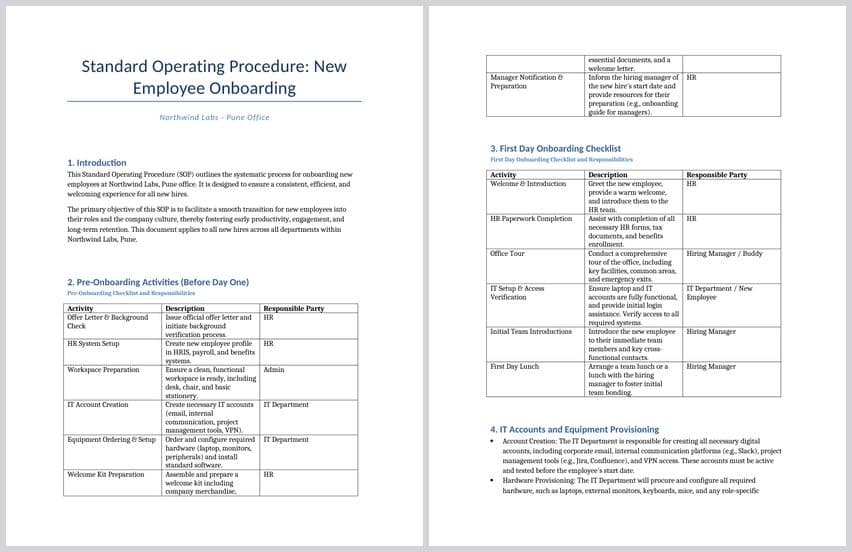 Onboarding SOP (Word): preview of the first two pages of the generated file